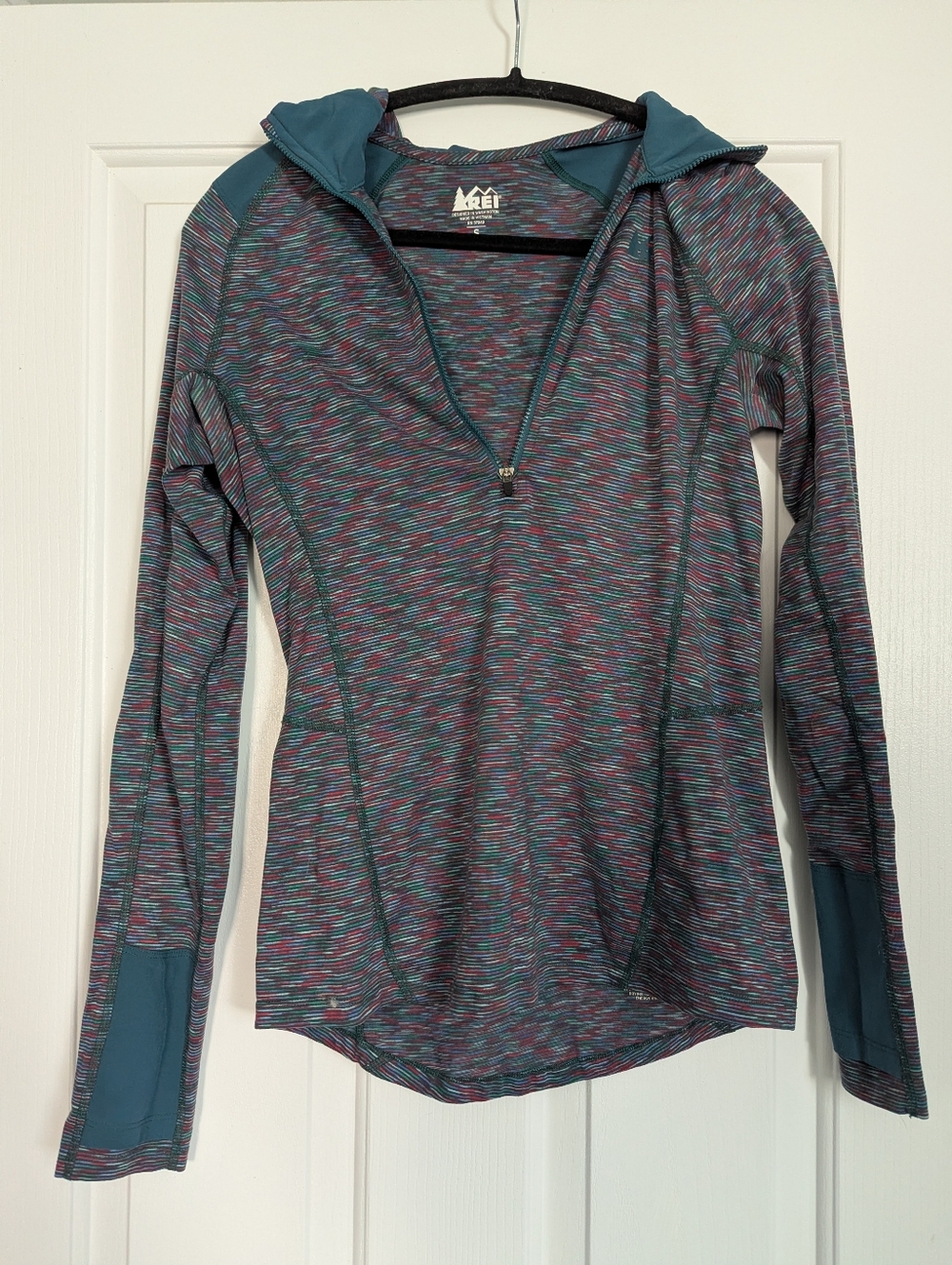REI Women's Teal Space-Dye Half-Zip Hooded Performance Top